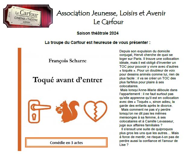 "Toqu avant d'entrer" une comdie de Franois SCHARRE, par la troupe du Carfour d'Aubigny (Vende)