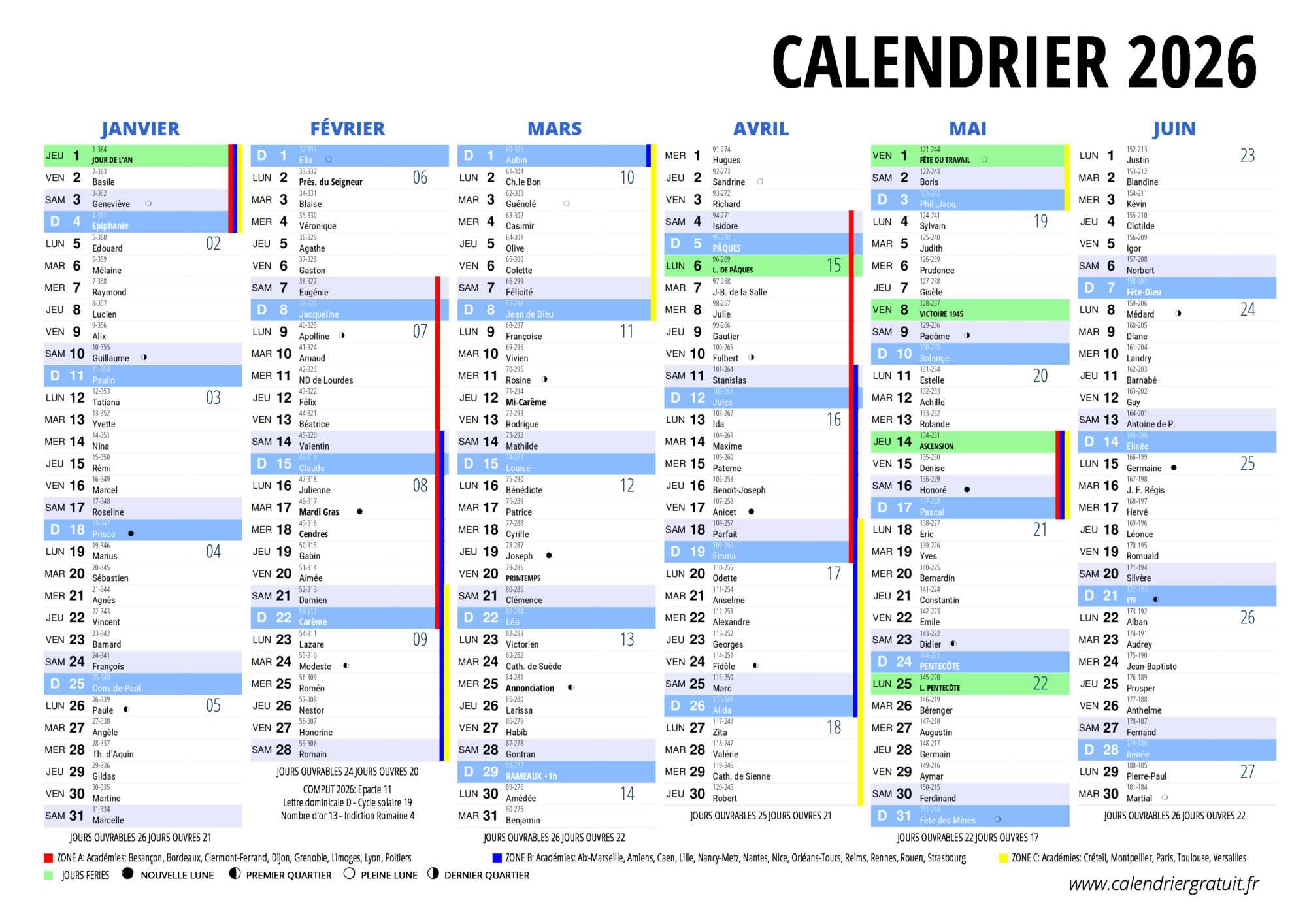 Calendrier 2026 1er semestre